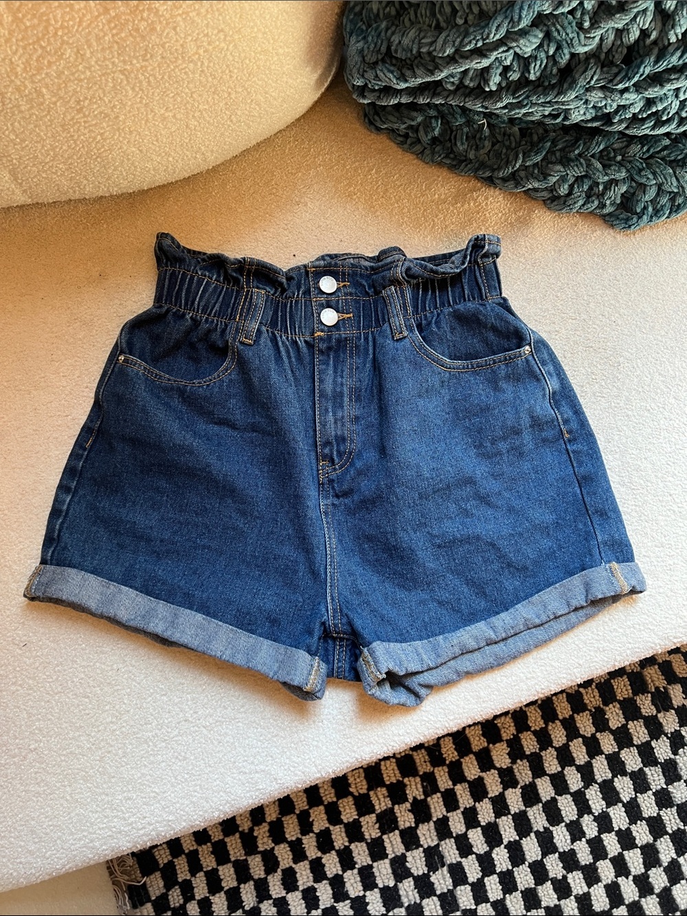 High-Rise Dark Blue Denim Paperbag Jean Shorts